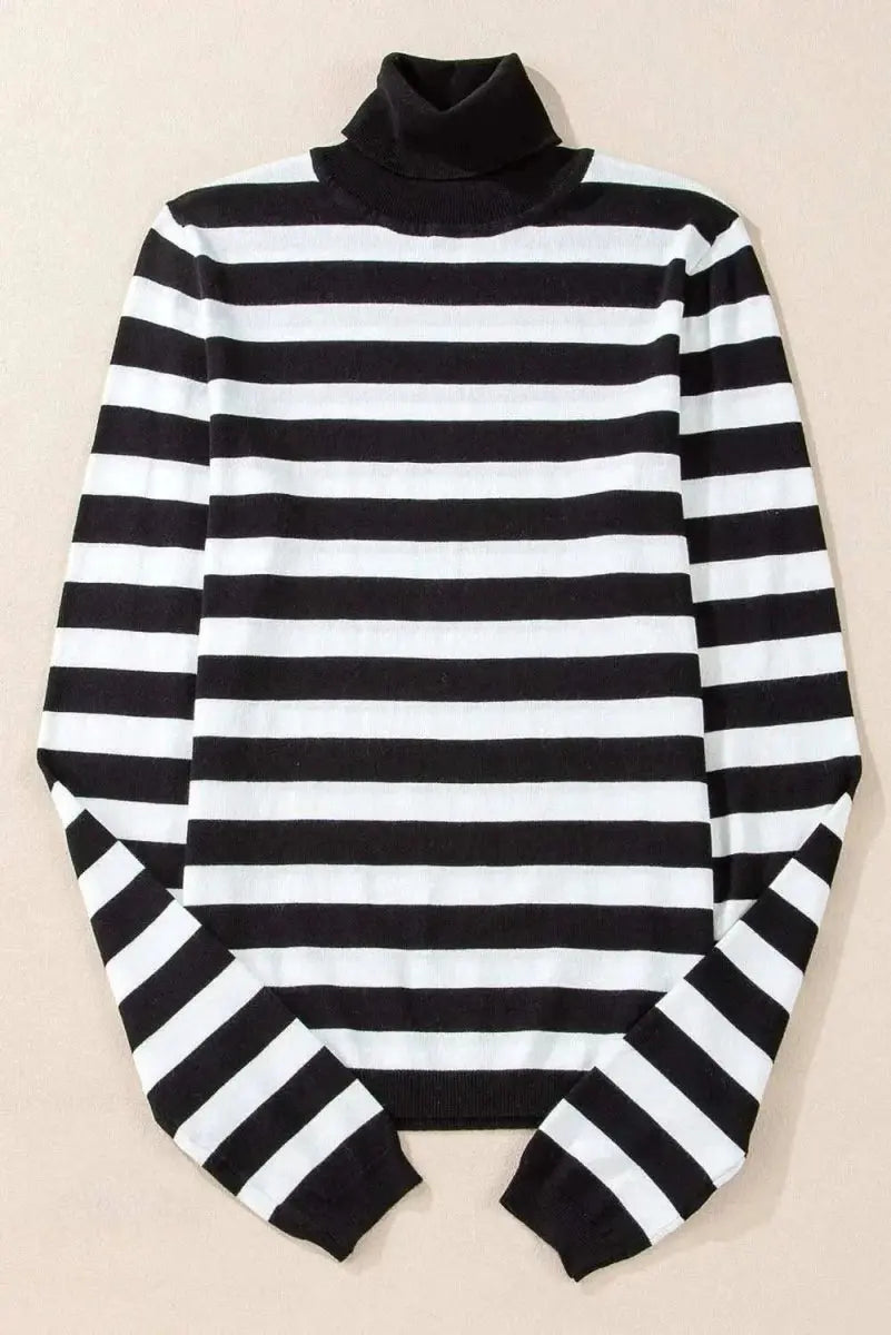 Striped Turtleneck Long Sleeve Knit Top - Love Salve